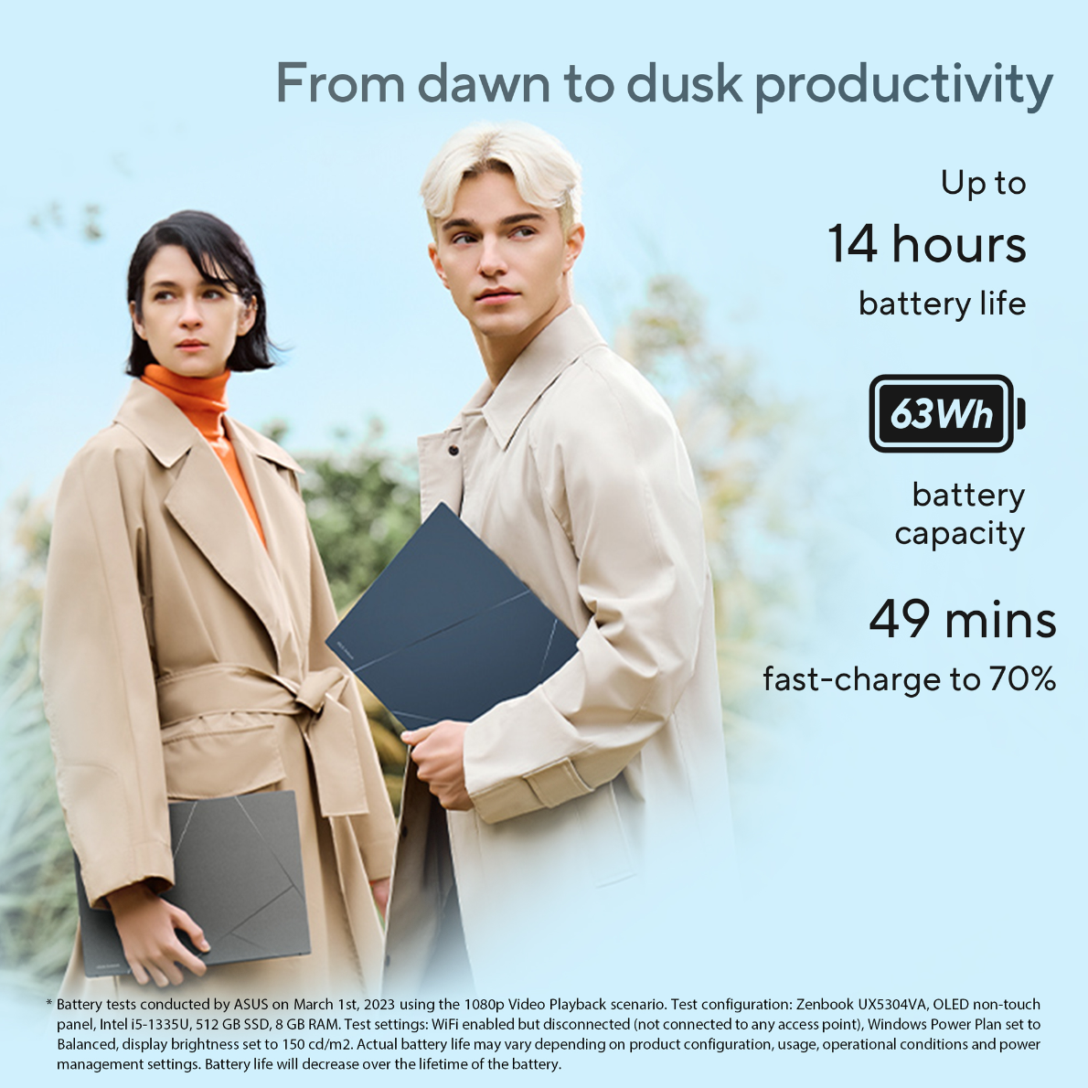 Long battery life and easy charging: The Zenbook S 13 OLED features a 63Wh battery, providing users with up to 14 hours of battery life