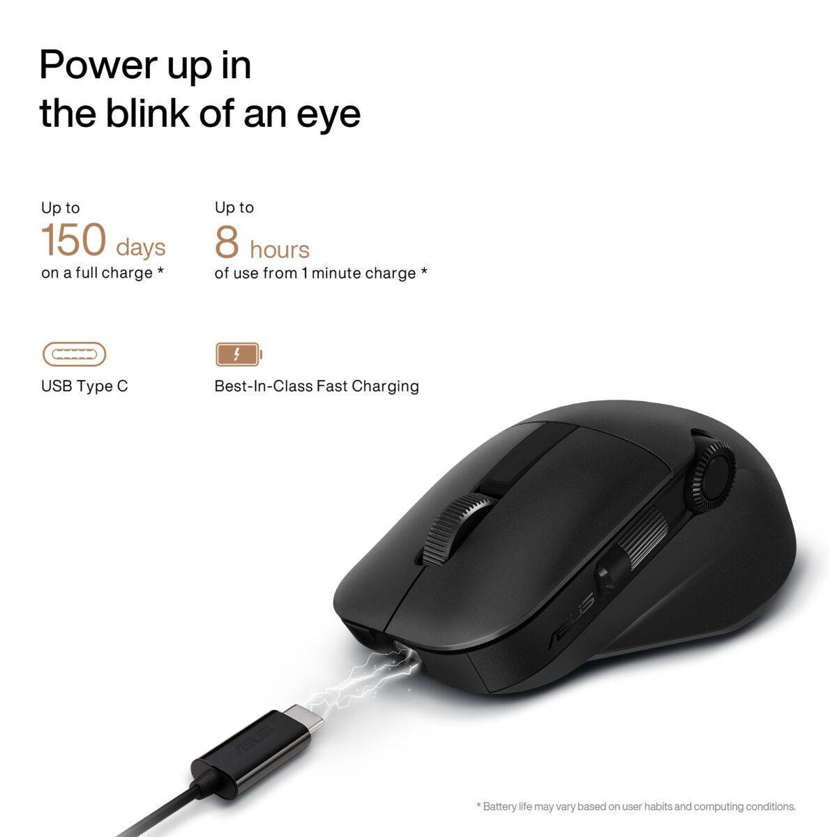 One-minute charge powers the mouse for up to 3 hours of heavy use or 8 hours of light use, and full charge powers mouse for up to 150 days *. *Minimum 4 mm glass thickness.