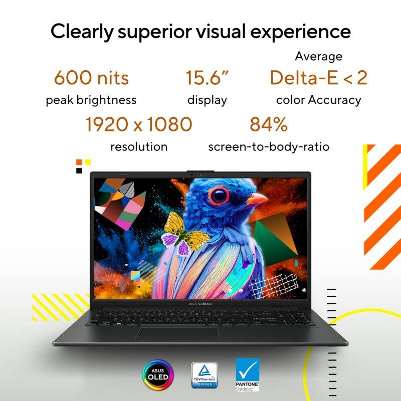 15.6 inch OLED display, 16:9 aspect ratio, 1920 by 1080 resolution, 84% screen-to-body ratio, 100% DCI-P3, 600 nits peak brightness for clearly superior visual experience