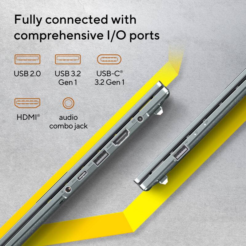 Connectivity Perfect in every detail Vivobook Go 15 OLED keeps you fully connected with its comprehensive I/O ports. There is a USB-C® 3.2 Gen 1 port, a USB 3.2 Gen 1 Type-A port, a USB 2.0 port, HDMI® output and an audio combo jack — so it’s easy to connect all your existing peripherals, displays and projectors.