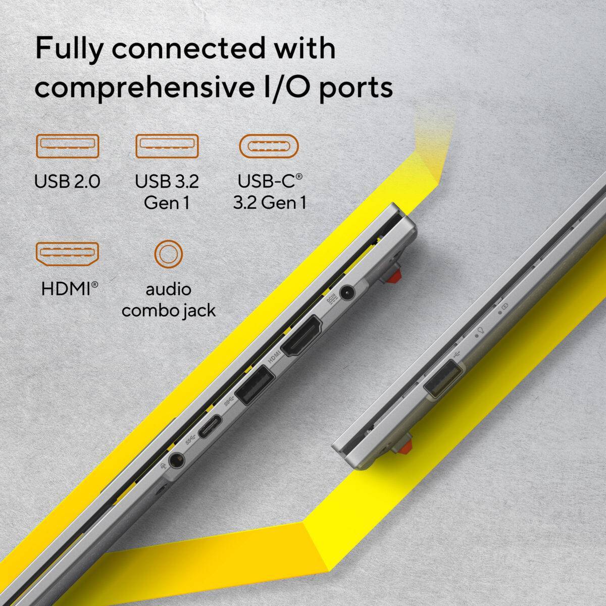 Connectivity Perfect in every detail Vivobook Go 15 OLED keeps you fully connected with its comprehensive I/O ports. There is a USB-C® 3.2 Gen 1 port, a USB 3.2 Gen 1 Type-A port, a USB 2.0 port, HDMI® output and an audio combo jack — so it’s easy to connect all your existing peripherals, displays and projectors.