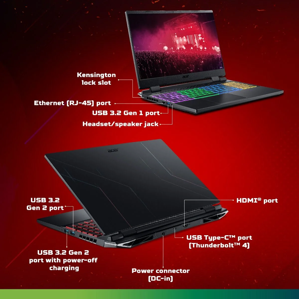 ACER NITRO 5 AMD Ports Aplenty Plug all your peripherals into the full range of ports, including HDMI 2.1, the new, powerful USB4™, and the latest USB 3.2 standard with Gen1 and 2 support.