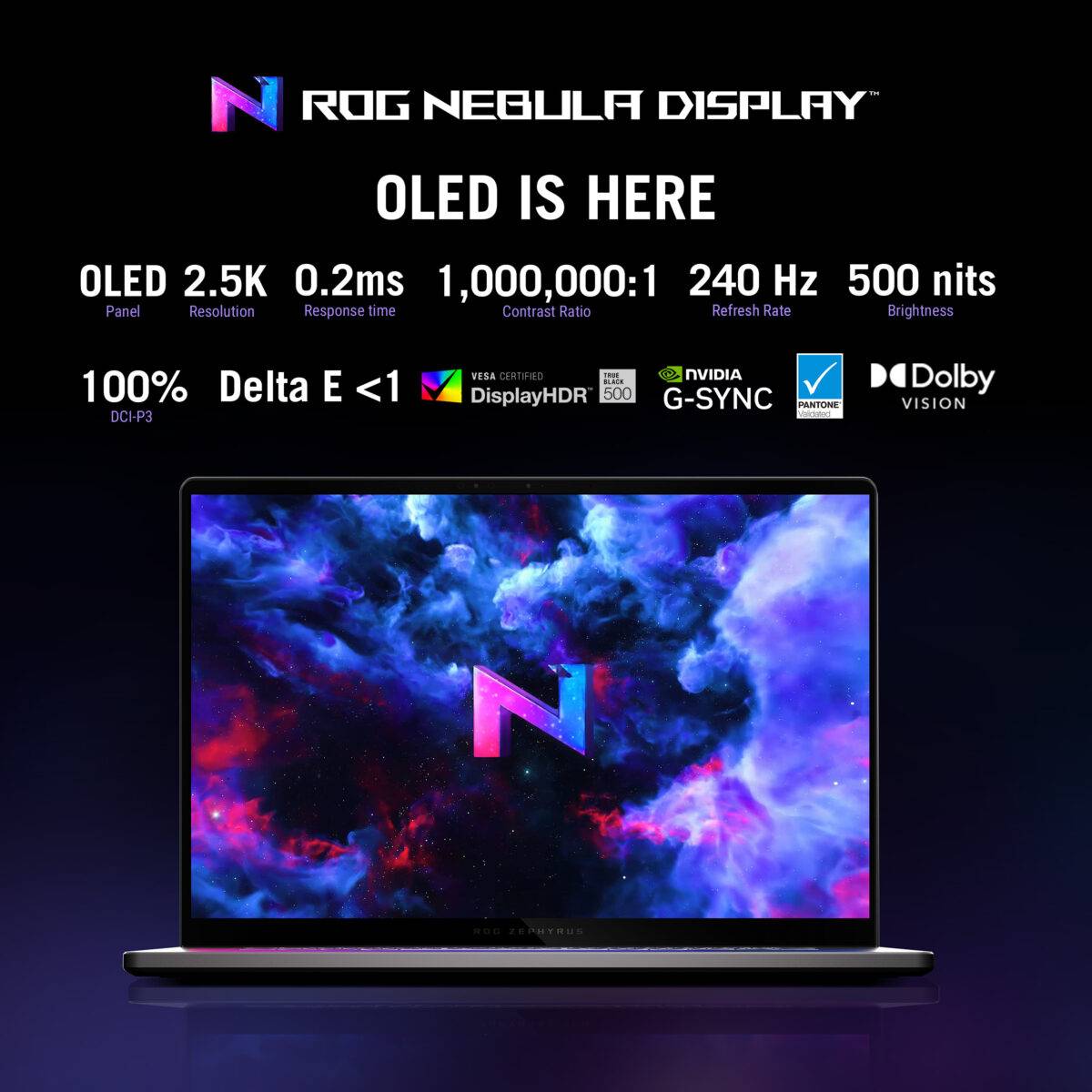 For the first time on an ROG laptop, enjoy the ultra-fast response times and incredible contrast ratios that are only possible with OLED technology. This panel also boasts a 2.5K resolution, giving it incredible pixel density on a 16-inch screen, with a 240Hz refresh rate that makes all of your games look silky smooth. With 100% coverage of the DCI-P3 color space, a delta E color accuracy of less than 1, and VESA HDR True Black 500 certification, prepare to be immersed in HDR content so lifelike that the screen melts away. *Average tested result in MyASUS/ Armoury Crate Splendid Display P3 and sRGB color gamut: Delta E < 1, +/- 0.5, and may vary by specification. Please note that the actual performance also may vary under different test procedures, equipment and patterns.