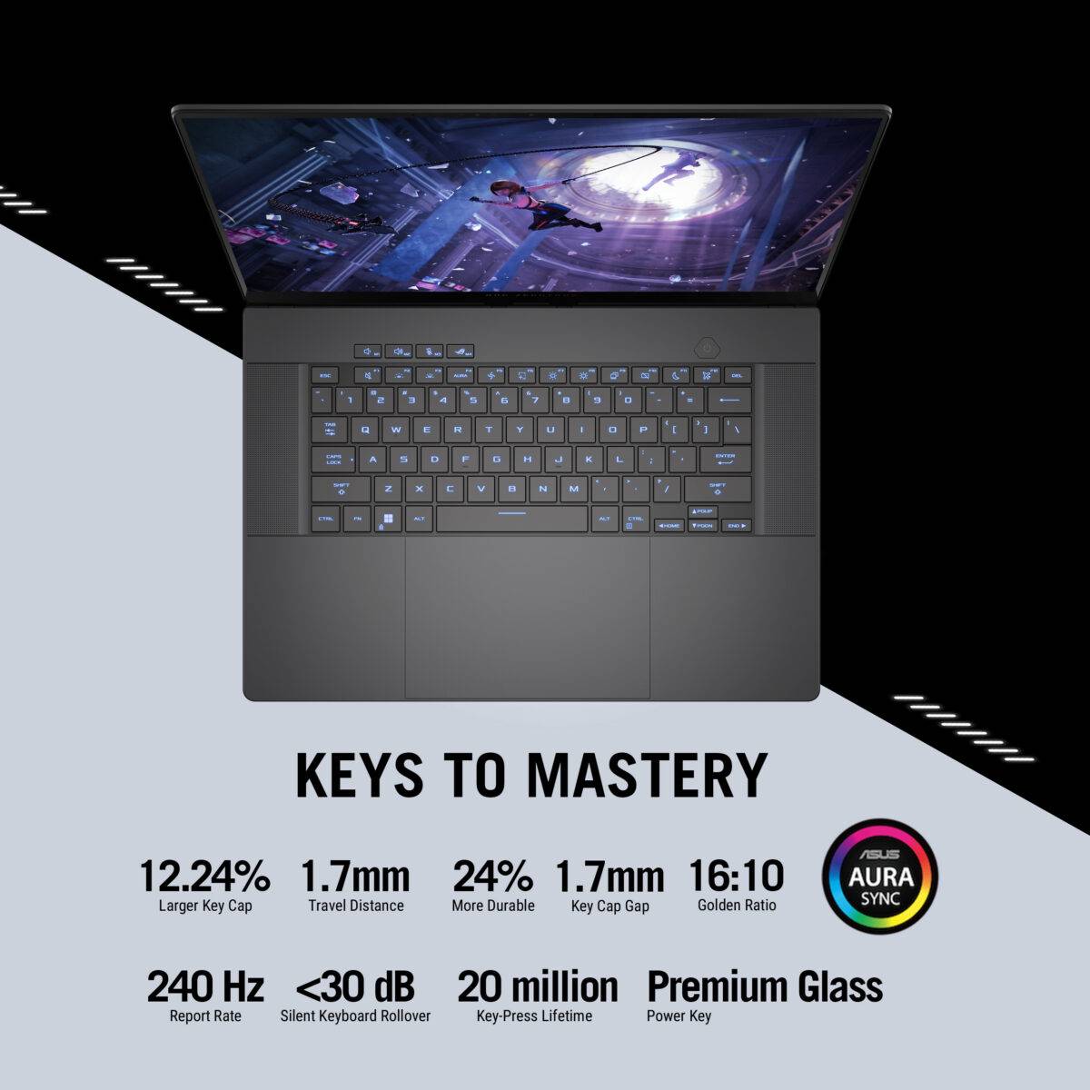 Keys To Mastery The trackpad and keyboard are critical for controlling your laptop, so we spared no expense with the design of the Zephyrus G16. Despite being just a 16-inch device, the G16 boasts a large 16:10 aspect ratio, matching the proportions of the screen itself effortless scrolling. We’ve also increased the keycap size by 12% for smoother typing as well, thanks to extra rigidity from the CNC machining. An extra long 1.7mm travel distance gives the keyboard a premium typing feel, and with a lifetime of 20 million presses, it’s a perfect long-term partner. 12% Larger Key Cap 1.7mm Travel Distance 24% More Durable 1.7mm Key Cap Gap 16:10 Golden Ratio 240 Hz Report Rate < 30dB Silent Keyboard Rollover 20 million Key-Press Lifetime Premium Glass Power Key